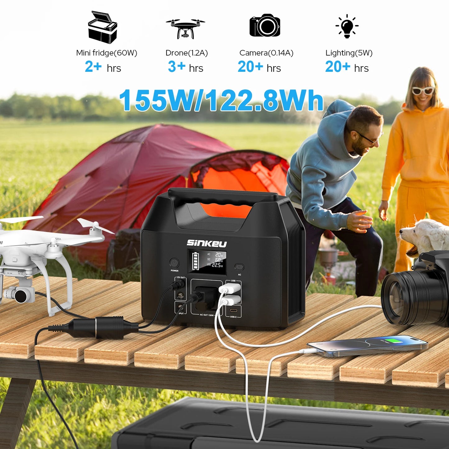 150W Portable Power Station 122.8Wh LiFePO4 Battery Solar Generator Power Bank with AC 110V & LED Flashlight for Camping/Home/RV